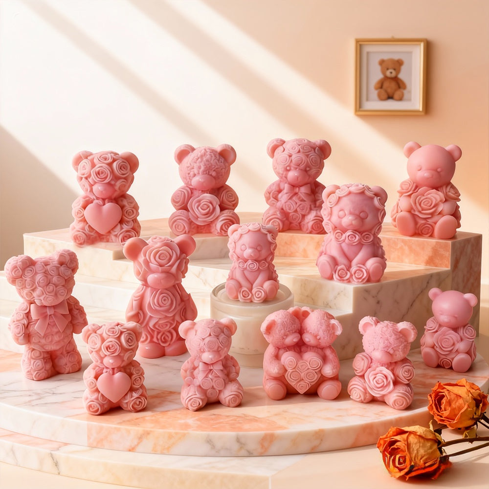 6cm Lovers Rose Bear For Candle, Resin, Gypsum & Art Crafts Making Silicone Mold