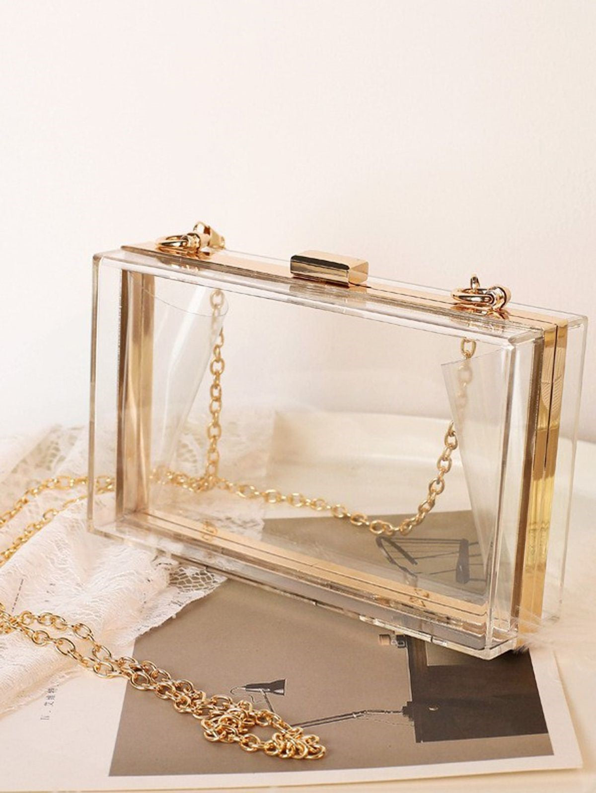Clear Acrylic Clutch Bag With Gold Chain For Resin Art and Crafting