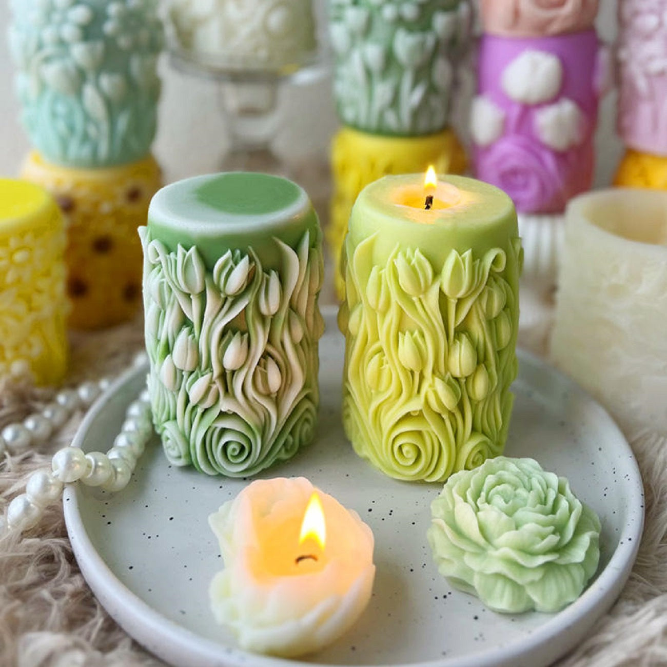 Floral Relief Column Candle Silicone Mold DIY Tulip Daisy Aroma Cylinder Candle