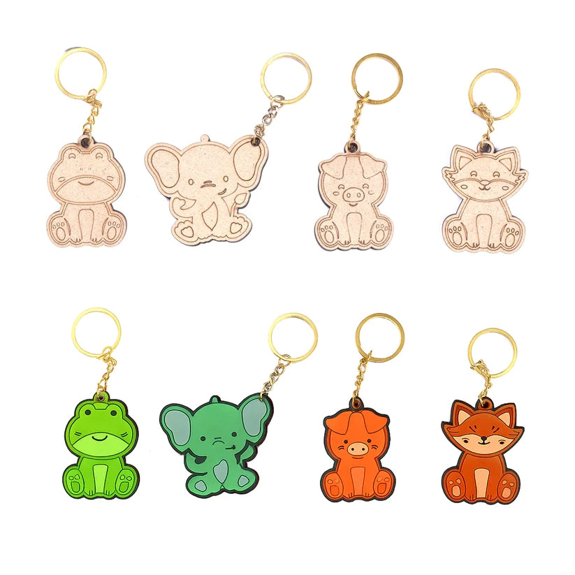 Pourezy Frog, Pig, Elephant & Fox Wooden Keychains Set