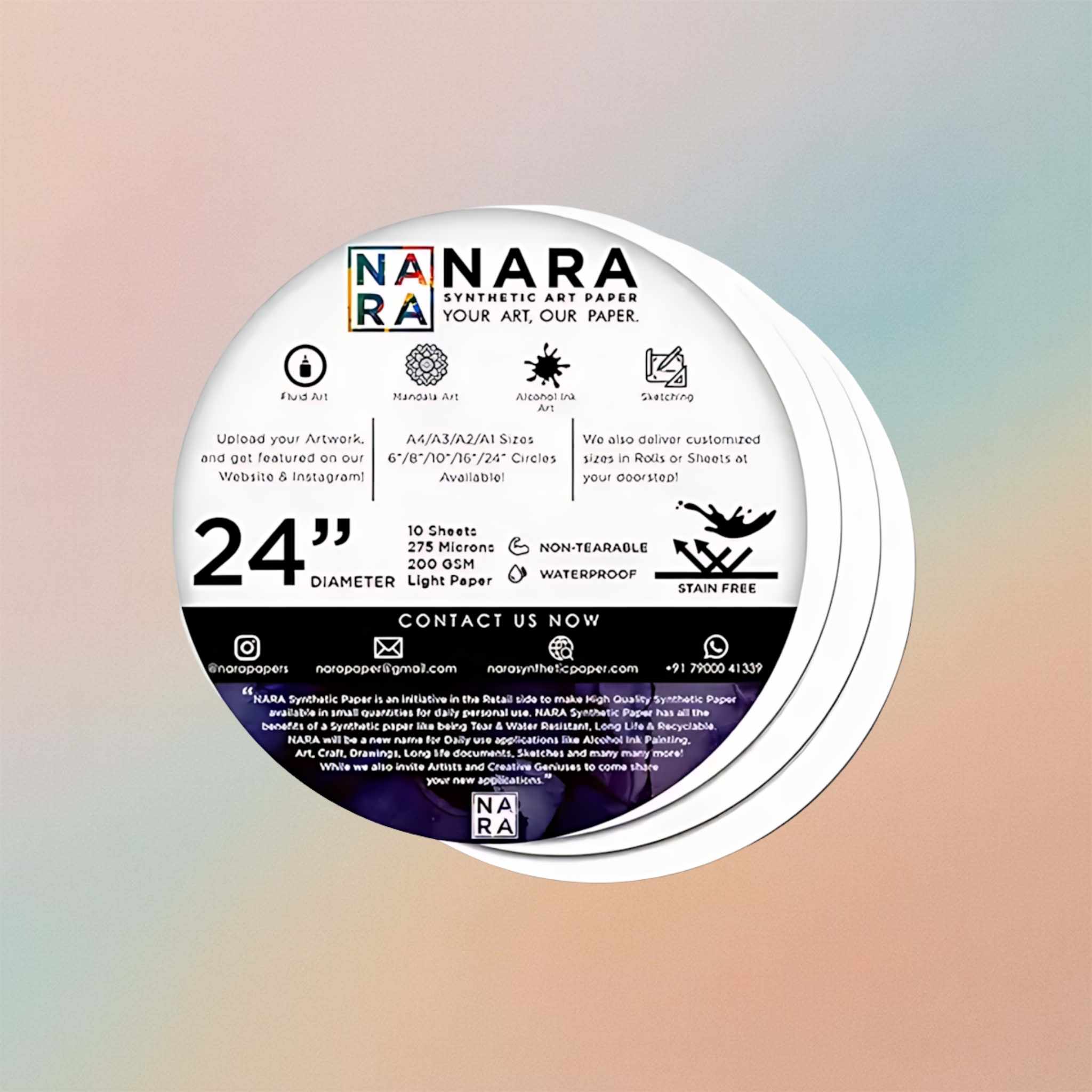 Nara Synthetic Paper For Alcohol Ink Painting -24” Diameter Circle 275 Microns