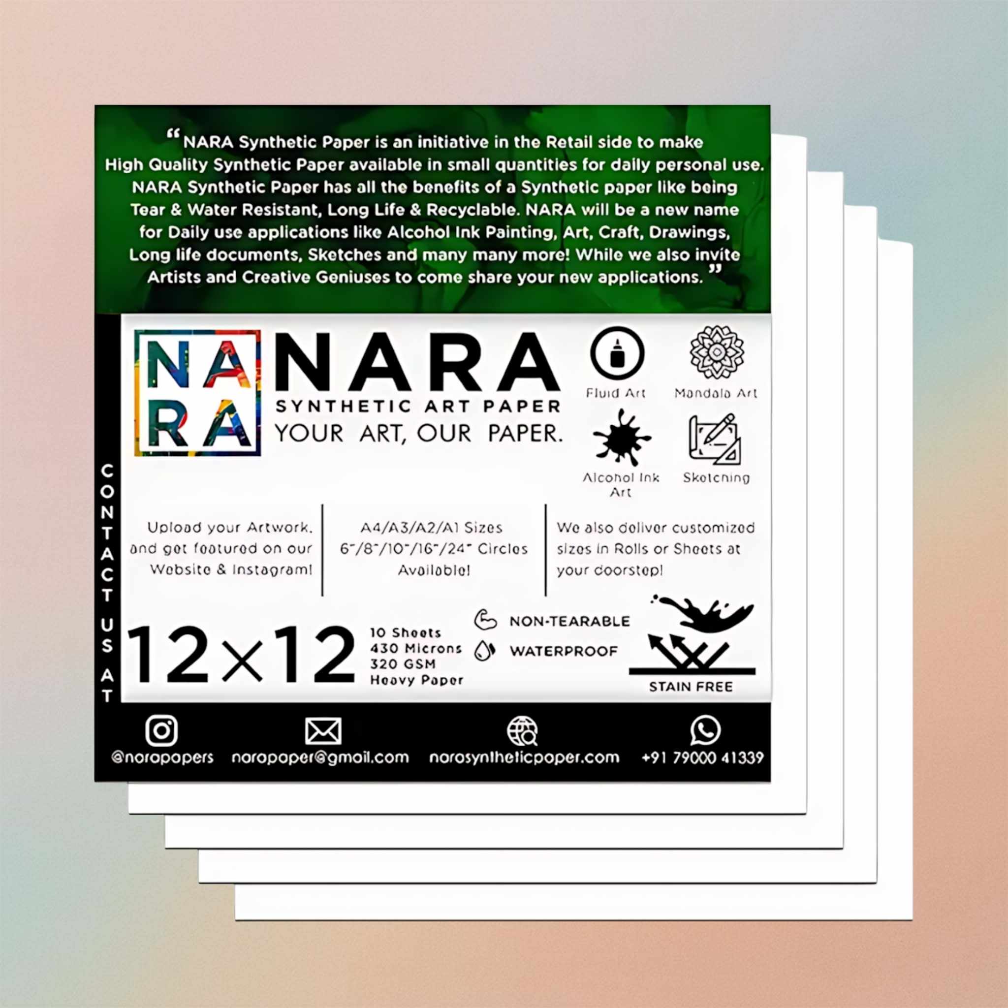 Nara Synthetic Paper For Alcohol Ink Painting 12”x 12”-430 Microns