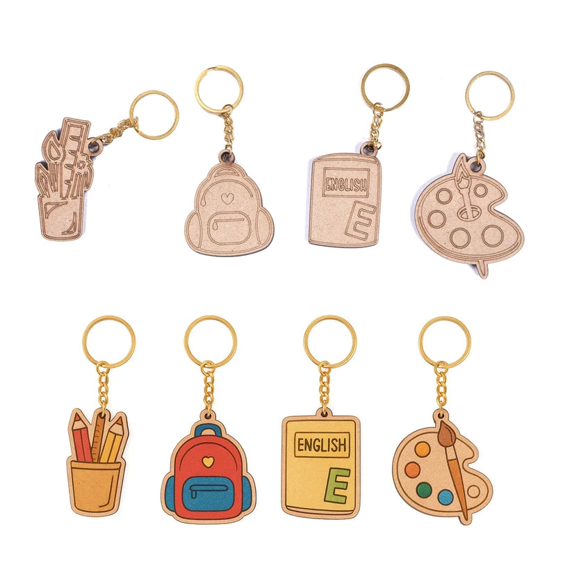 Pourezy Pencil, Backpack, Book & Palette Wooden Keychains Set