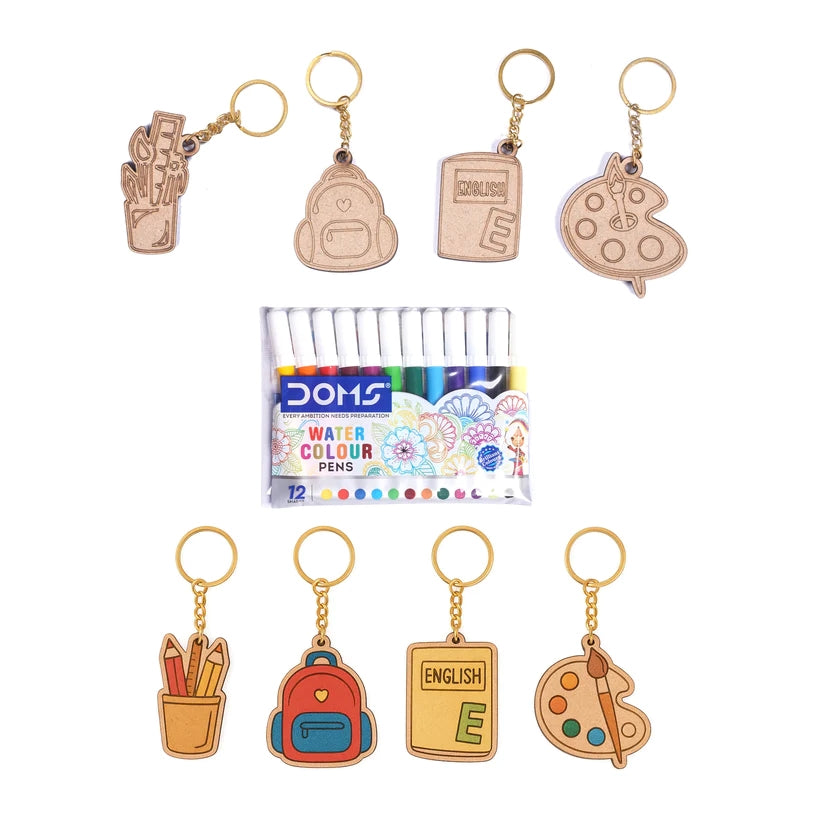 Pourezy Pencil, Backpack, Book & Palette Wooden Keychains Set
