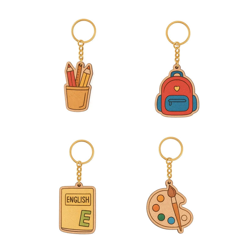 Pourezy Pencil, Backpack, Book & Palette Wooden Keychains Set