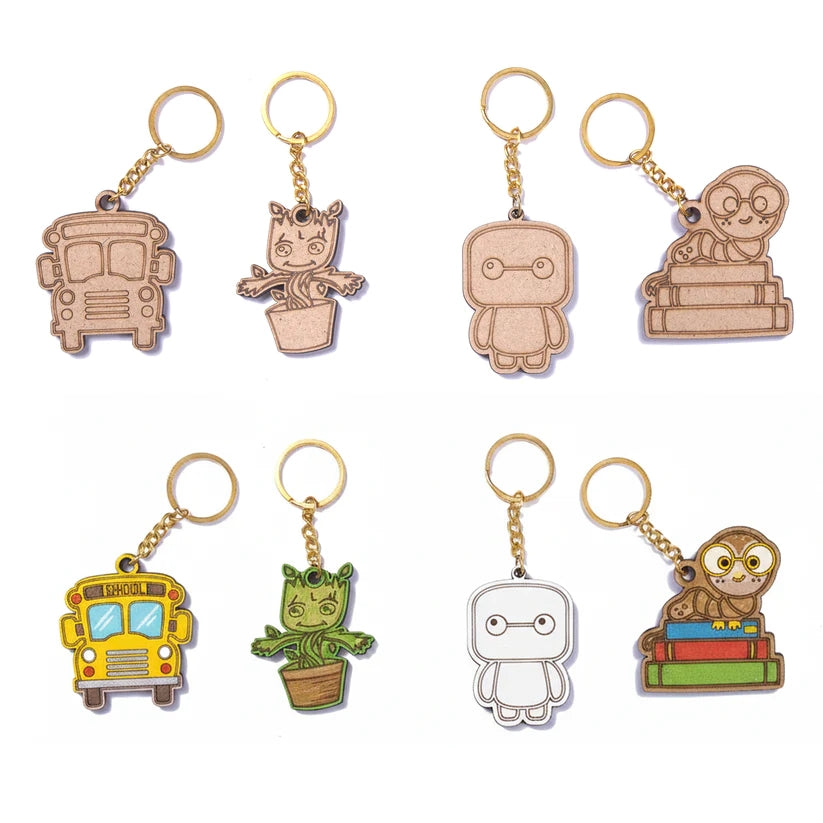 Pourezy School Bus, Baby Groot, Baymax & Owl Wooden Keychains Set