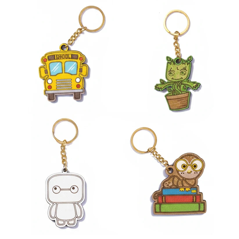 Pourezy School Bus, Baby Groot, Baymax & Owl Wooden Keychains Set
