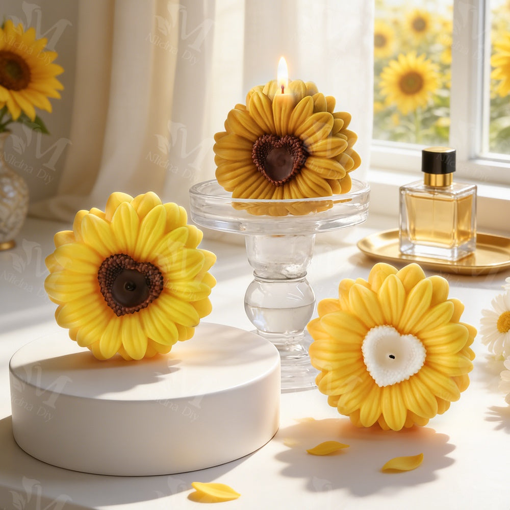 Sunflower With Heart Disk For Candle Resin Gypsum & Art Crafts Making Silicone Mold