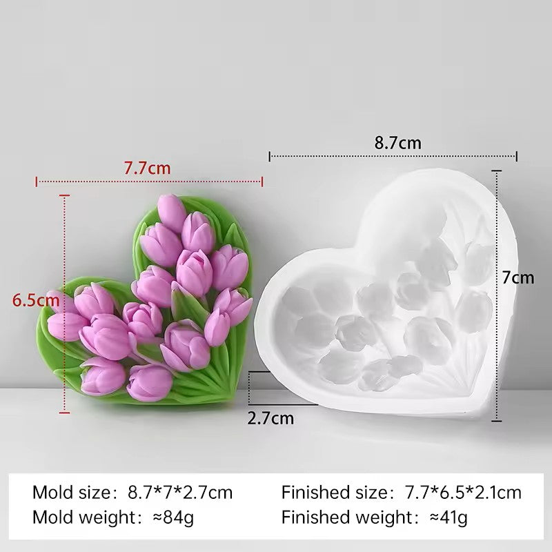 Tulip Candle In A Heart Shape Mold Tulip Flower Silicone Candle Molds Flower Resin Casting Mold for Candle Making Aromatherapy Candles Gypsum Clay Craft Candle Home Decorate