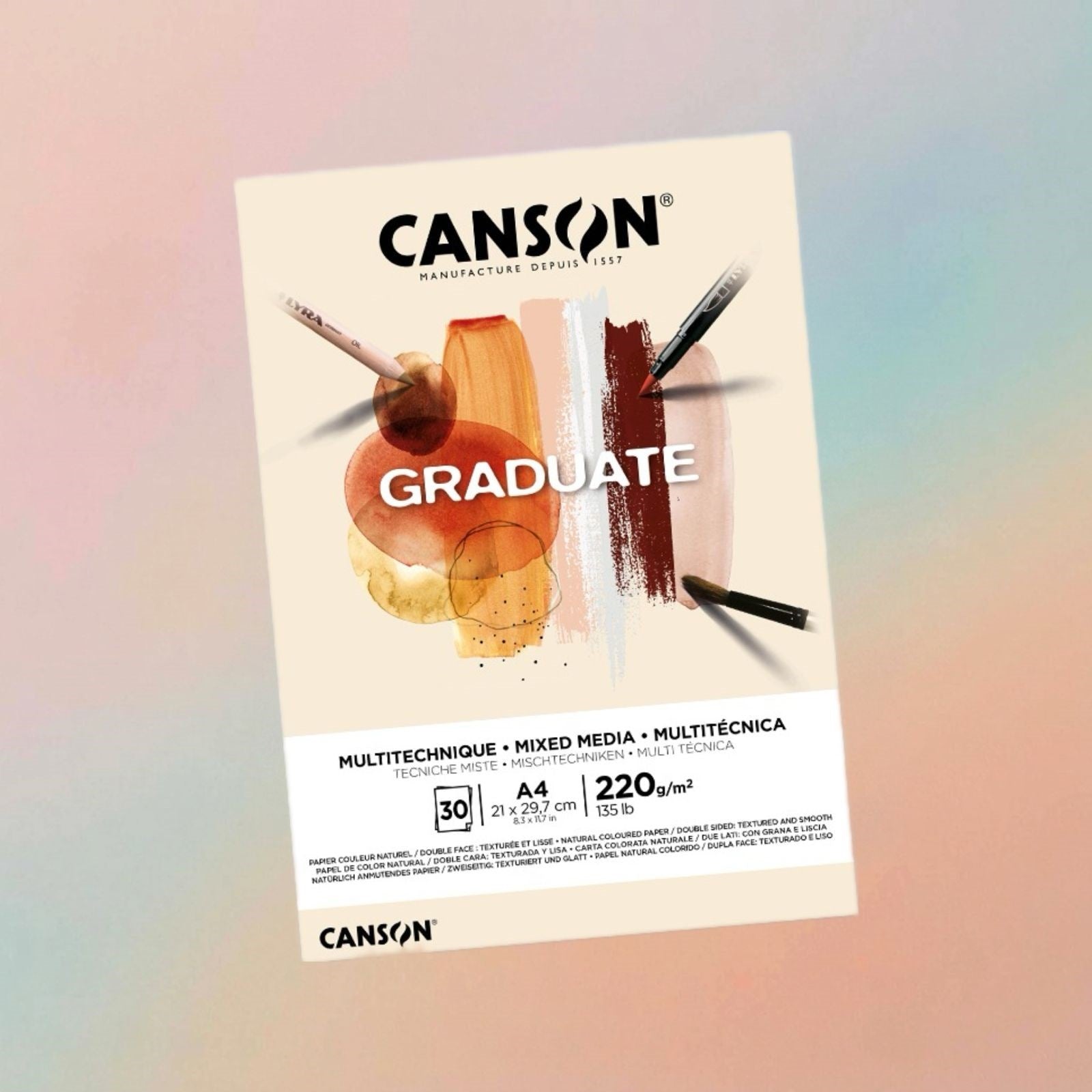 Canson Graduate Mixed Media 220gsm A4 Paper Pad Glued 30 Natural Sheets