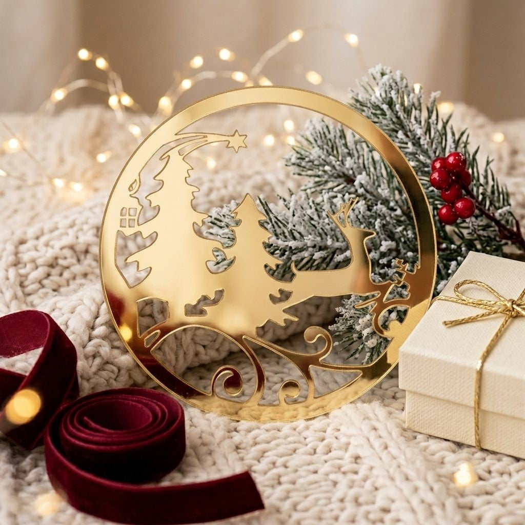 ⁠Pine Tree With Reindeer Acrylic Cutout For Resin Art & DIY Crafts - Gold/Silver/Black